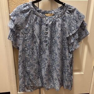 Elegant Blue Floral Blouse with Ruffle Sleeves
